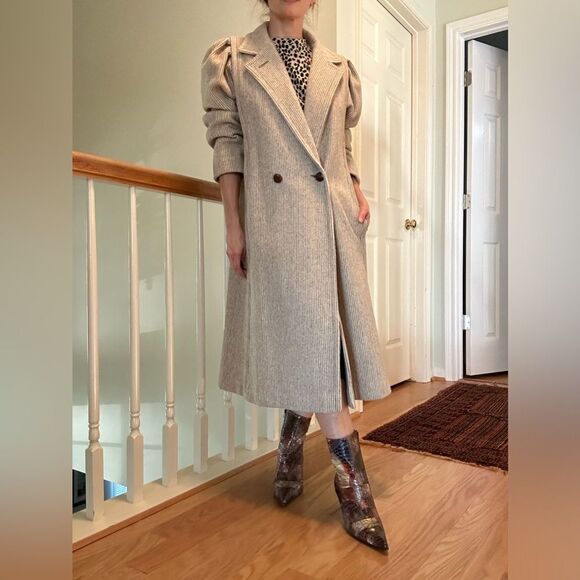 VINTAGE Jill Jr Pinstripe Wool Mid Length Coat OS Pleated Shoulders Neutral - Picture 1 of 16